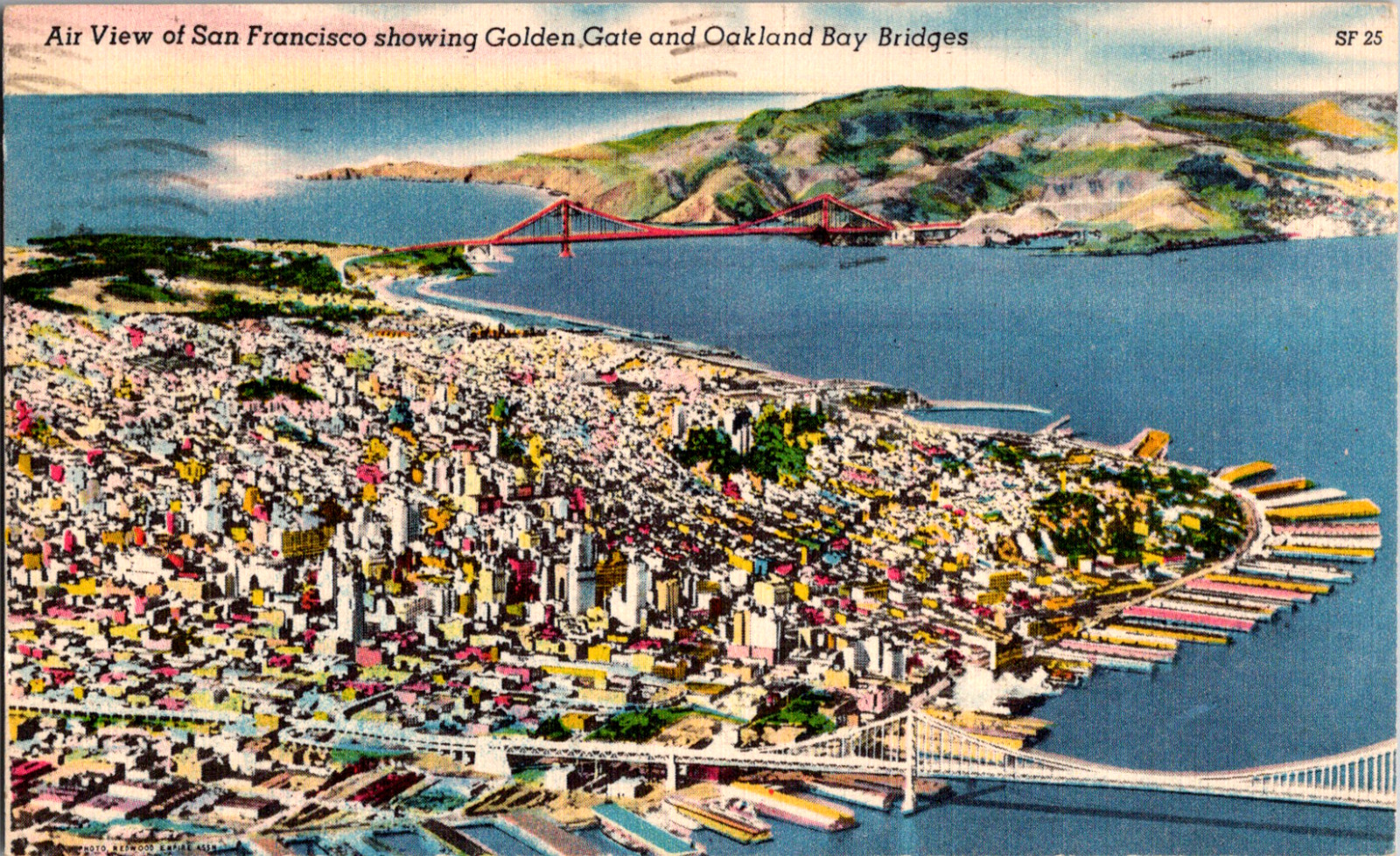 C. 1940's Aerial View City of San Francisco Golden Gate Bay Bridge  CA Postcard 