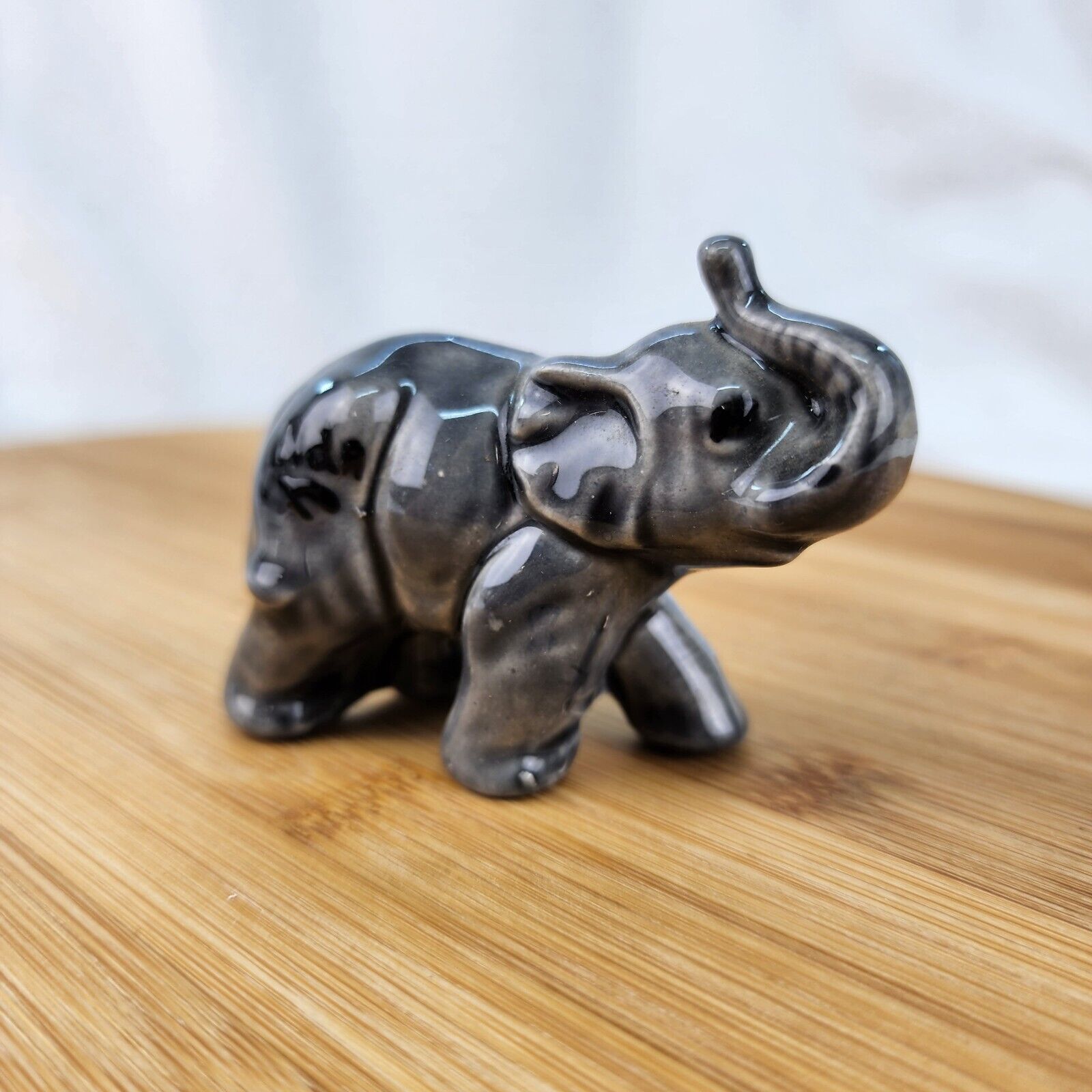Vintage Hilda Miniature 2x3 Ceramic ELEPHANT Figurine Trunk Up Gray Black