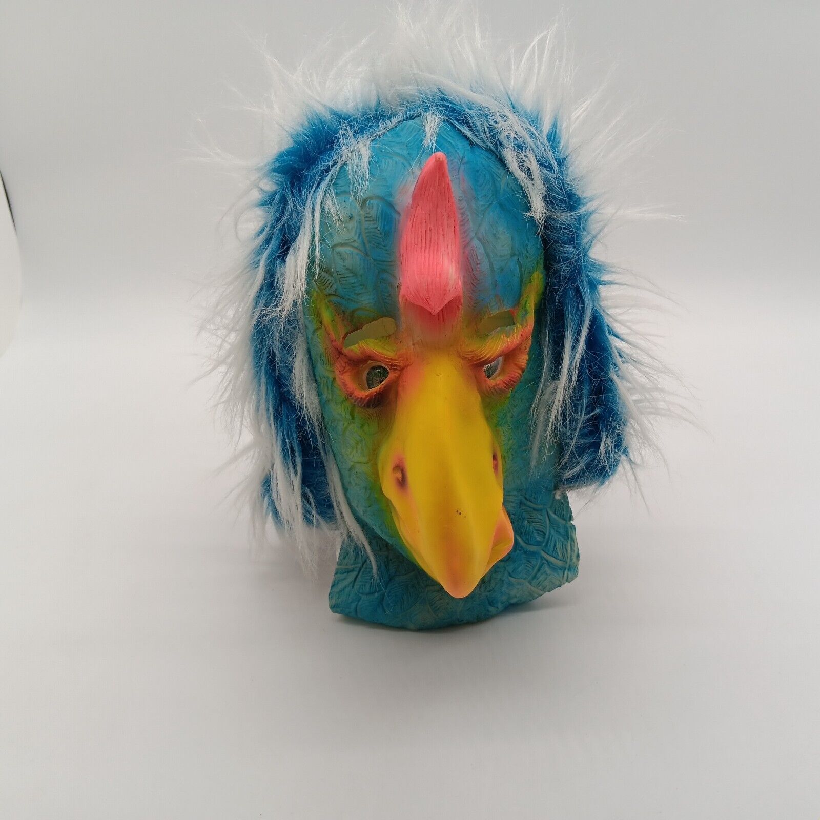 VINTAGE LATEX RUBBER Front WEIRD CHICKEN BIRD MASK W/ Frosted Blue Hair
