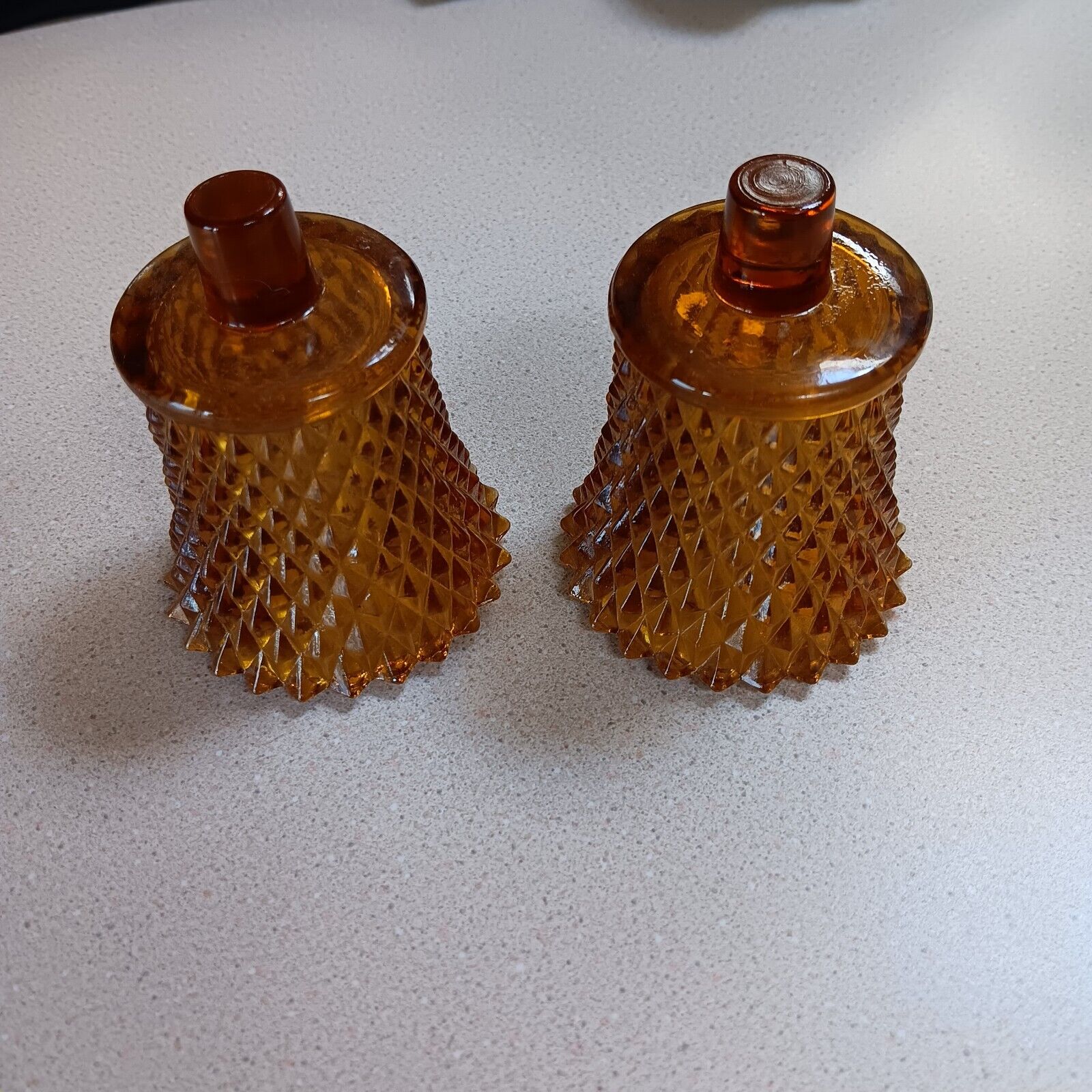 Vintage Set Of Amber Colored  Glass Diamond Pattern Candle Holder