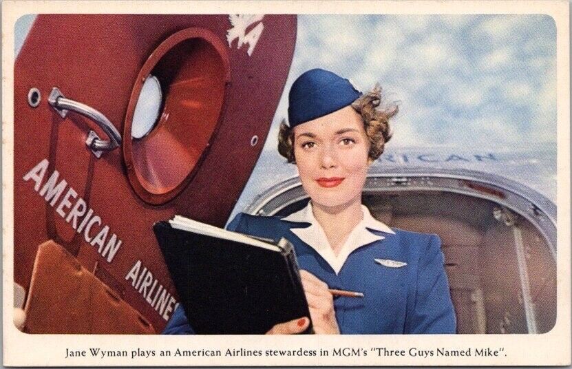 1951 MGM Movie Postcard Three Guys Named Mike Jane Wyman American Airlines Plane