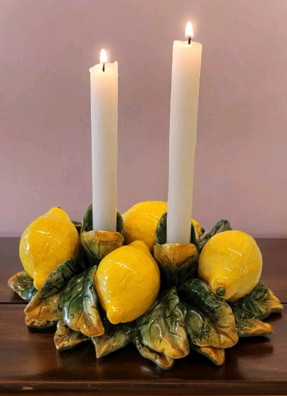 Vtg Majolica Style Lemons Candle Holder Taper Table Centerpiece *Crazed 