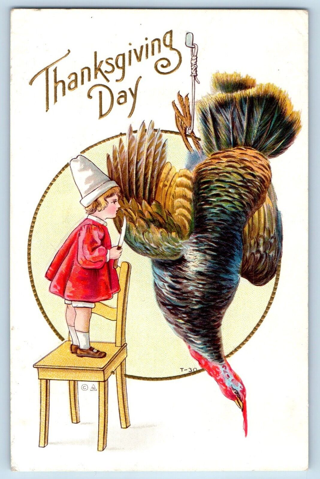 Austin Nevada NV Postcard Thanksgiving Little Kid Chef With Knife Turkey RPO