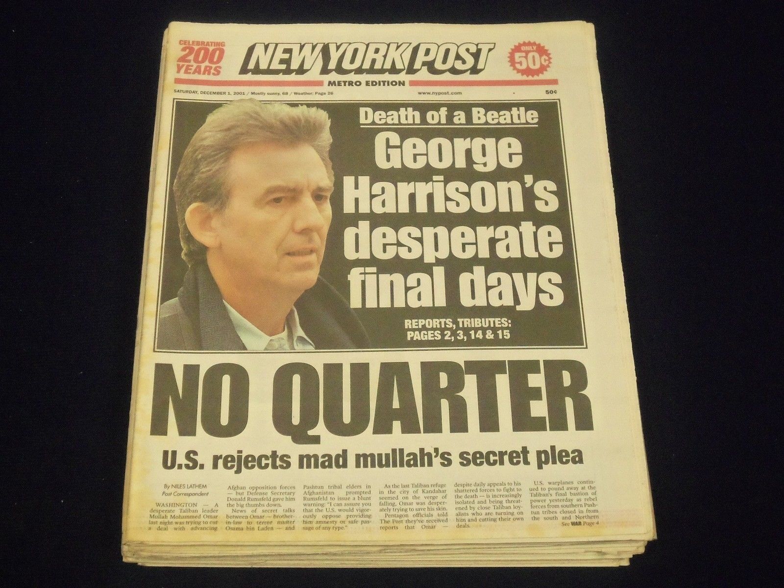 2001 DEC 1 NY POST NEWSPAPER LOT OF 15 - GEORGE HARRISON FINAL DAY'S - NP 1825