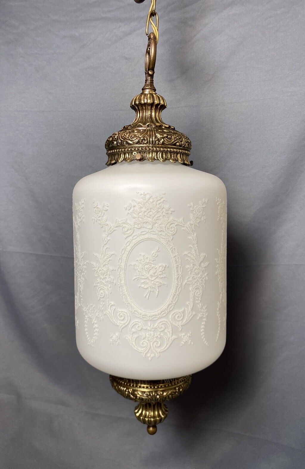 Vintage French Hollywood Regency Stencied Cased Milk Glass Swag Pendant Light