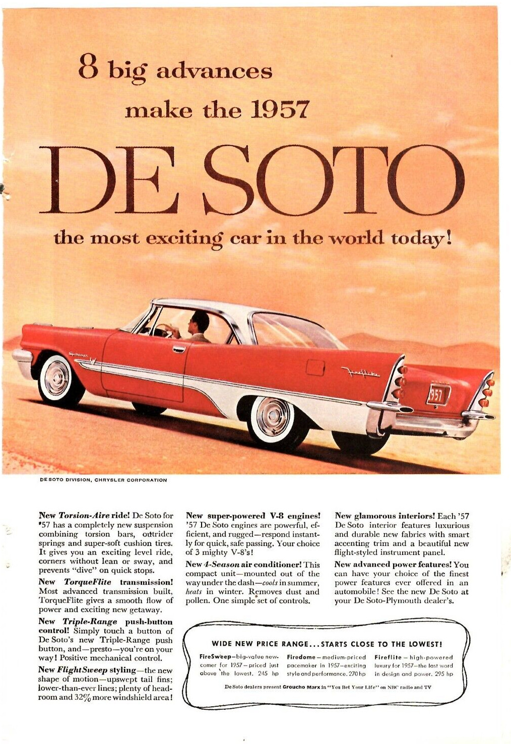 1957 Print Ad De Soto Fireflite 2-door Sportsman in Fiesta Red and White Advance