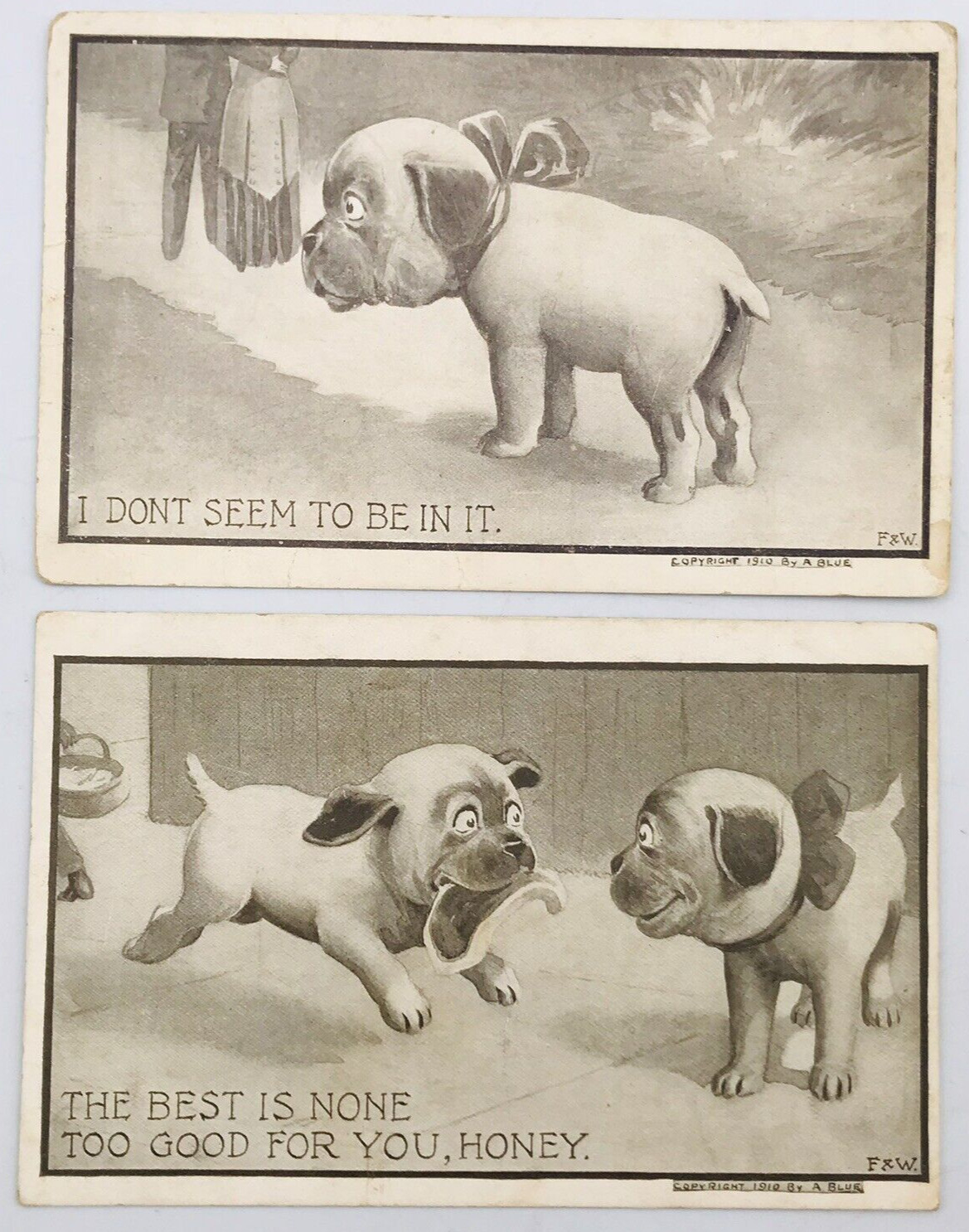 Two (2) A. Blue Antique 1910 Comic Dog Postcards F&W