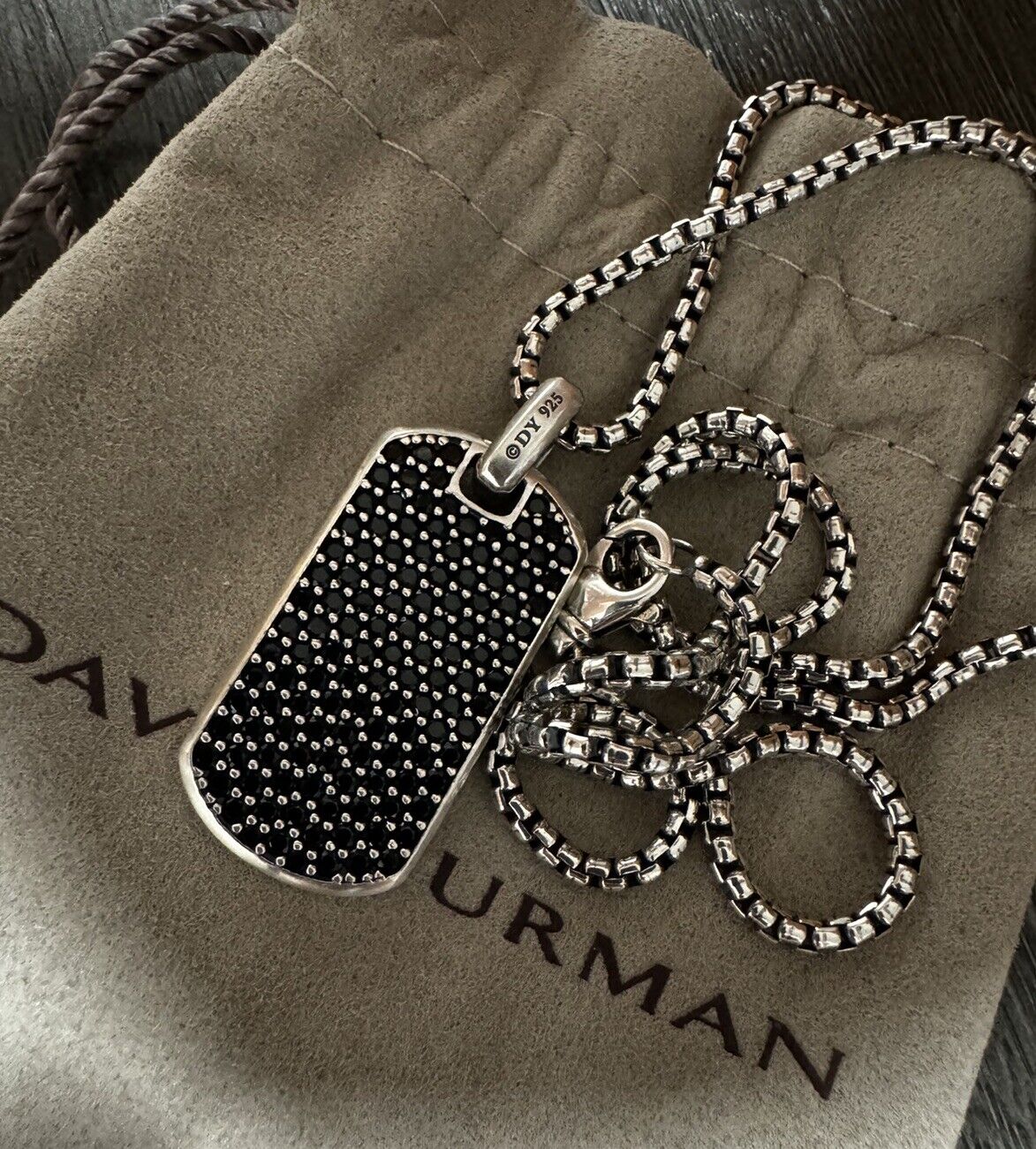 David yurman Sterling Silver 35mm Streamline Dog Tag Black Pave Diamonds 22 Inch