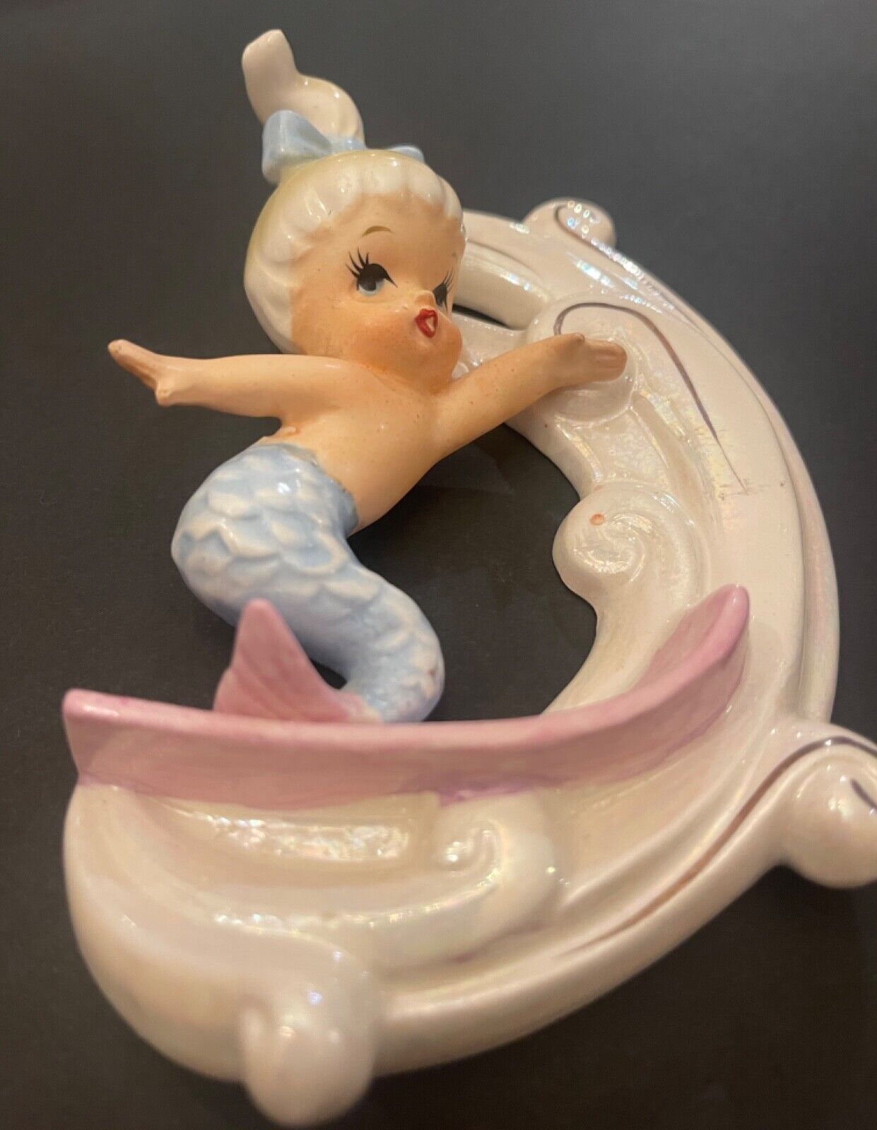 Rare Vintage Norcrest ceramic Surfing Mermaid Blue and pink