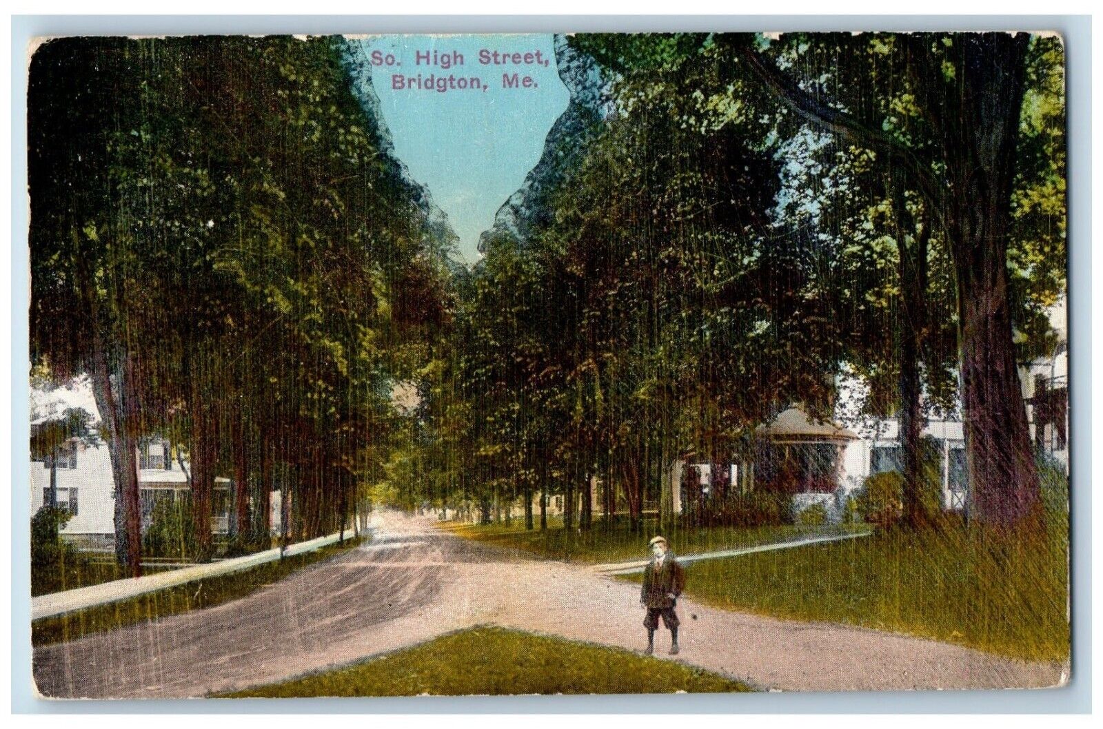 Bridgton Maine ME Postcard South High Street View Trees Pavilion Boy 1916 Posted