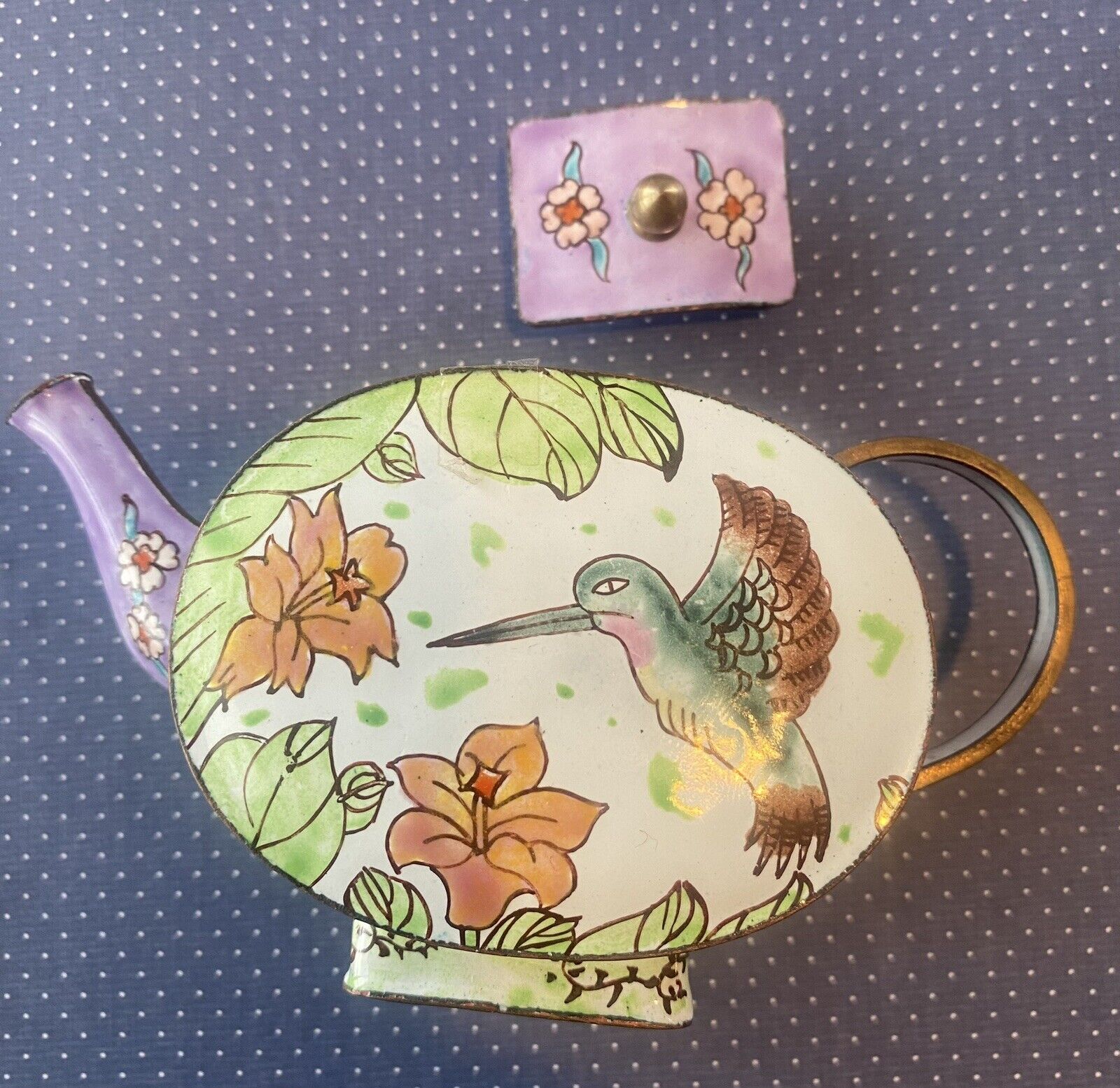 Vintage Amanda Smith Collectible Cloisonné Teapot W Wood Box Hummingbird 