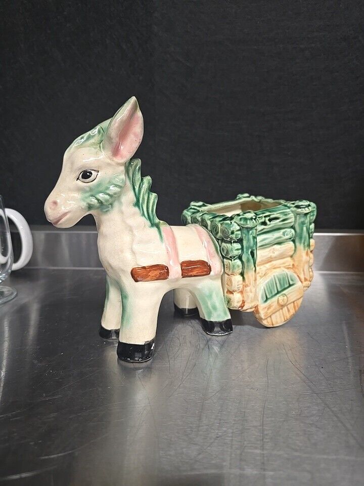 Vintage Ceramic Donkey Pulling Cart Planter