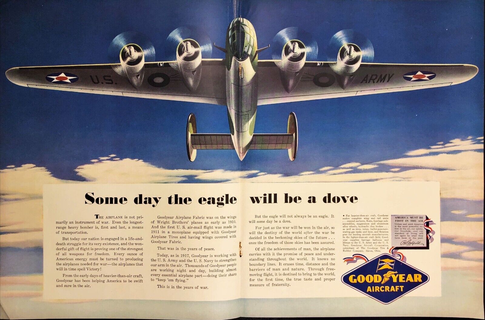 1942 Goodyear Aircraft Bomber Flying First In The Air WWII Vintage 2pg Print Ad
