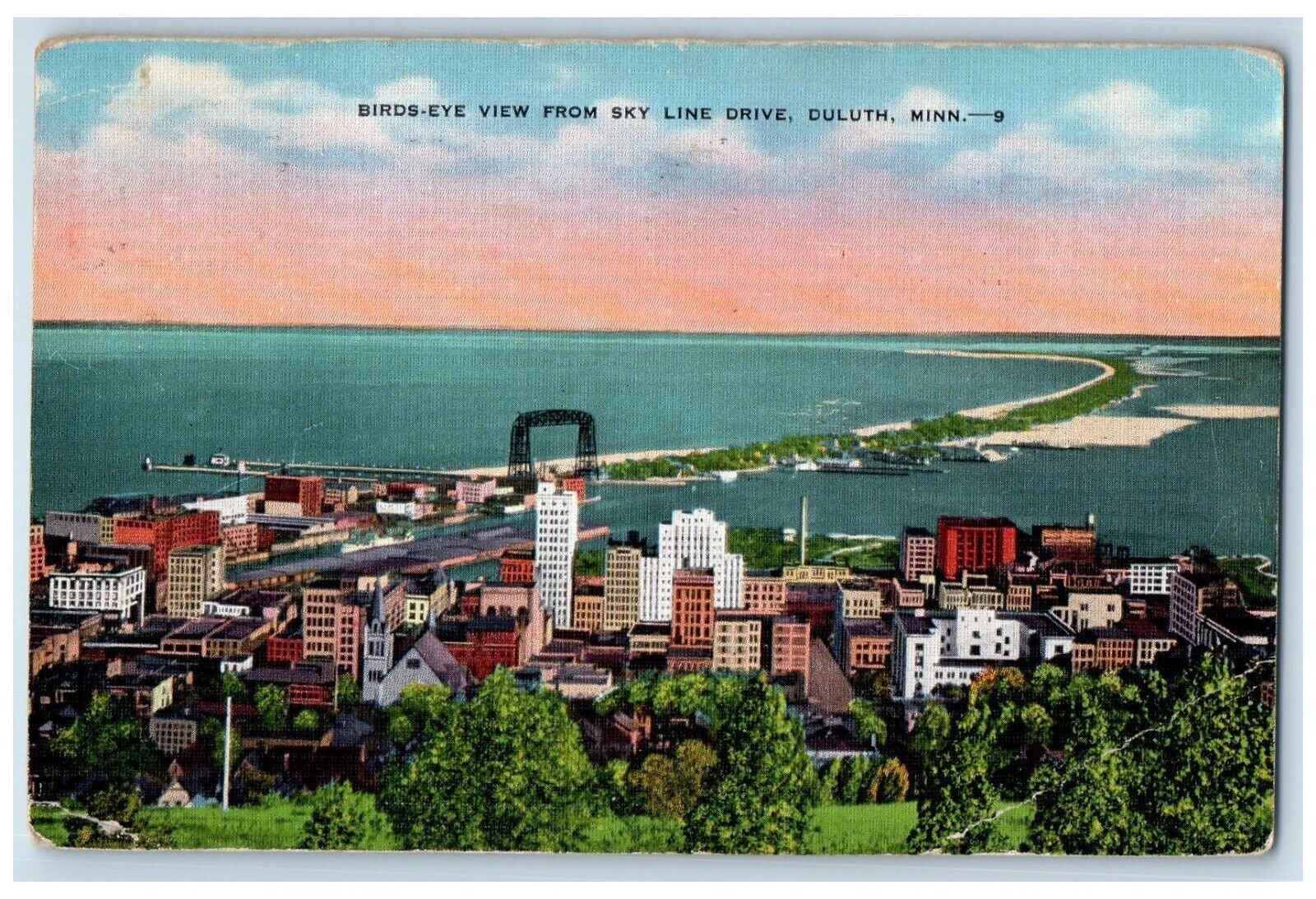 1937 Birds Eye View From Sky Line Drive Bridge Duluth Minnesota Vintage Postcard