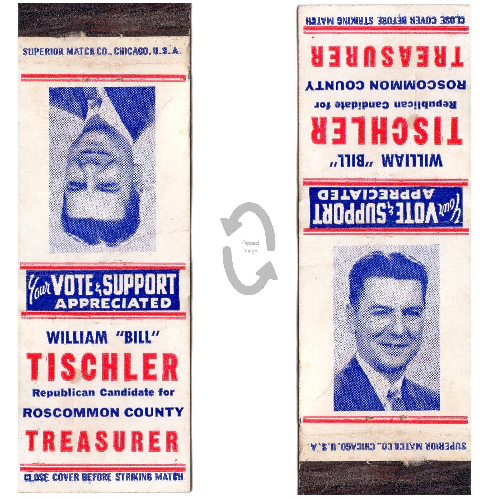 Vintage Matchbook Cover Roscommon Cty. MI Political Wlliam Tischler Republican