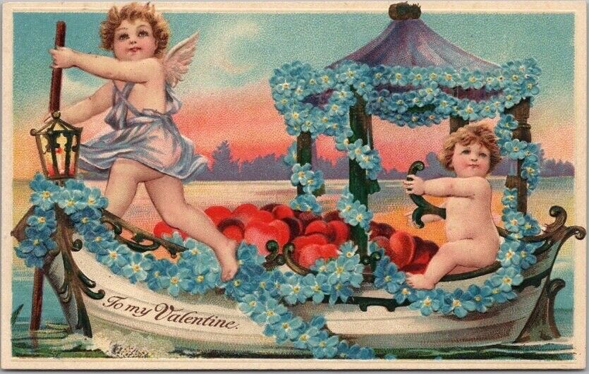 c1910s VALENTINE'S DAY Embossed Postcard Angel Cherub / Gondola / Forget-Me-Nots