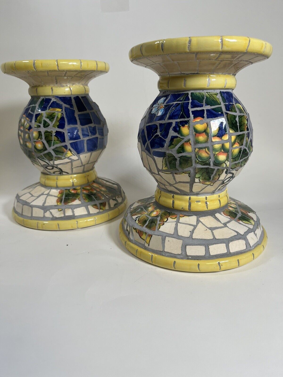 Handmade Ceramic Mosaic Two Candle Holder Base 7 1/2 in x 5 in Blue Yellow
