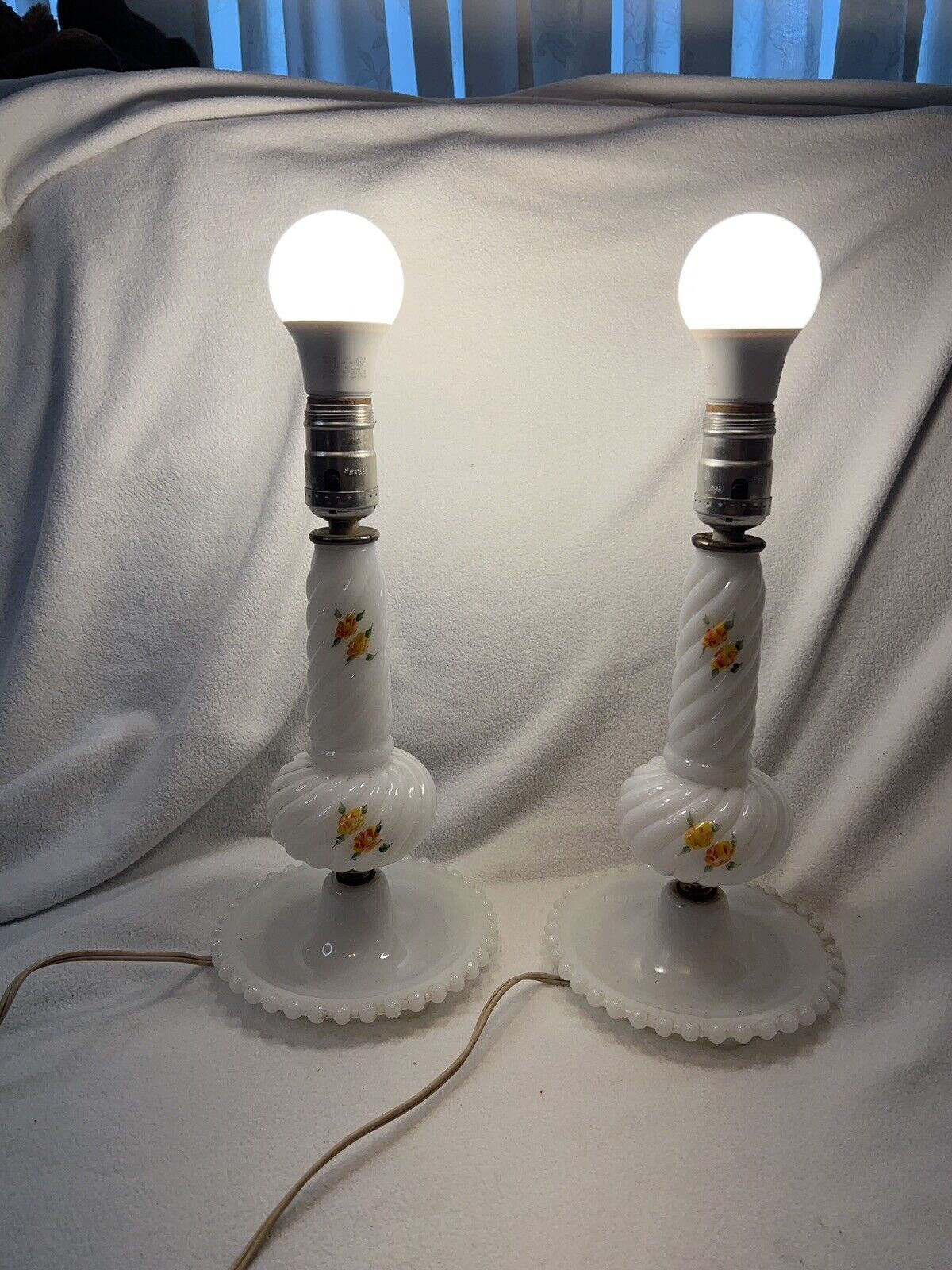 Vintage Pair Of Painted Milk Glass Swirl Pattern Lamps White Glass Yellow Flower