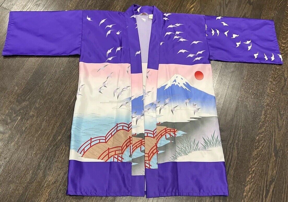 Vintage Purple Kimono MARUKYO Robe Sz L Fuji Beach Seagulls Kyoto Japan No Belt