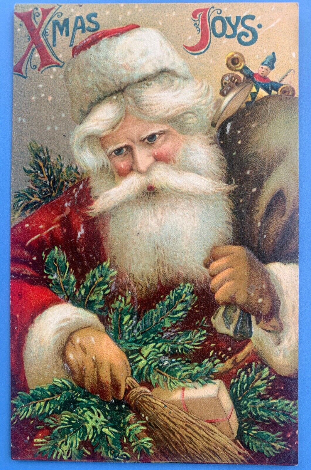 Long Beard Santa Claus with Pine Branches Toys ~Antique Christmas Postcard~k300