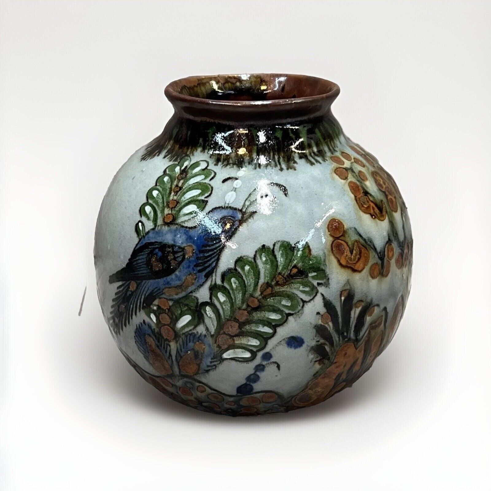 Vintage Tonala Mexican Pottery Hand Painted Bird & Tree Vase 6\