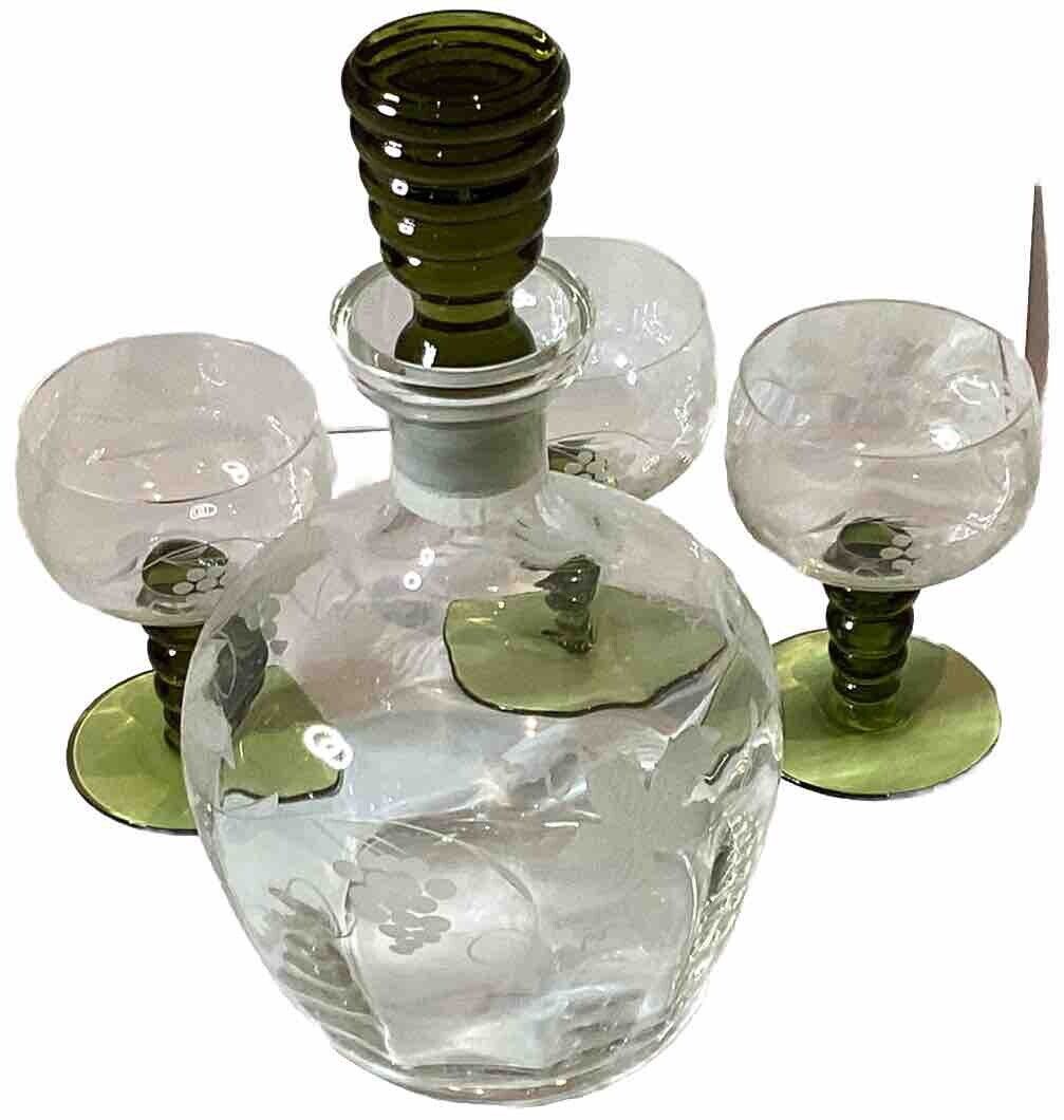 Vintage Austrian Olive Green Hand Made 5 Piece Liqueur Set With Etched Designs 