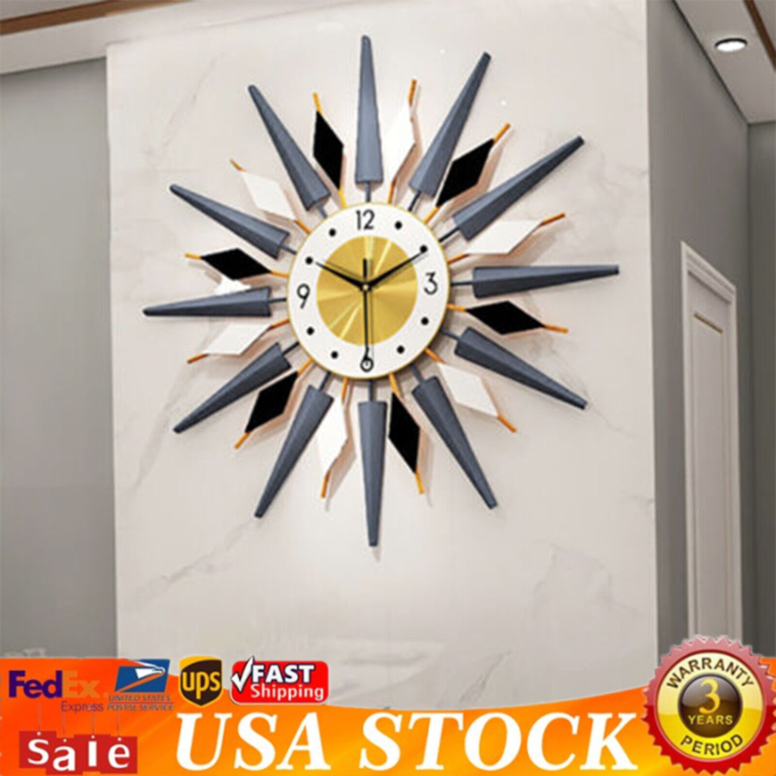 23.6 Inch Large Starburst Metal Wall Clock Wall Art Decor Clock Modern Europe US