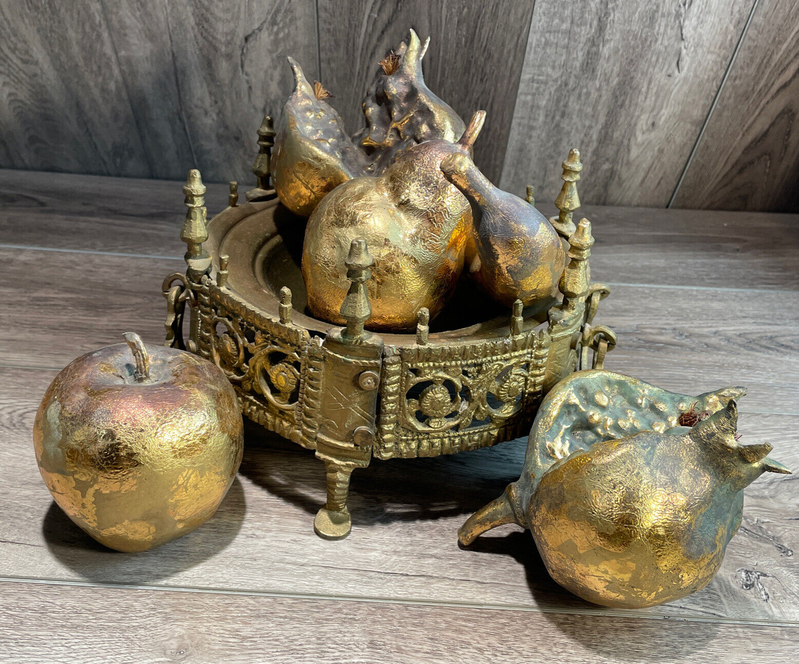 Vintage Ornate Brass Gold Fruit Centerpiece - Footed Tray Handles Home Decor