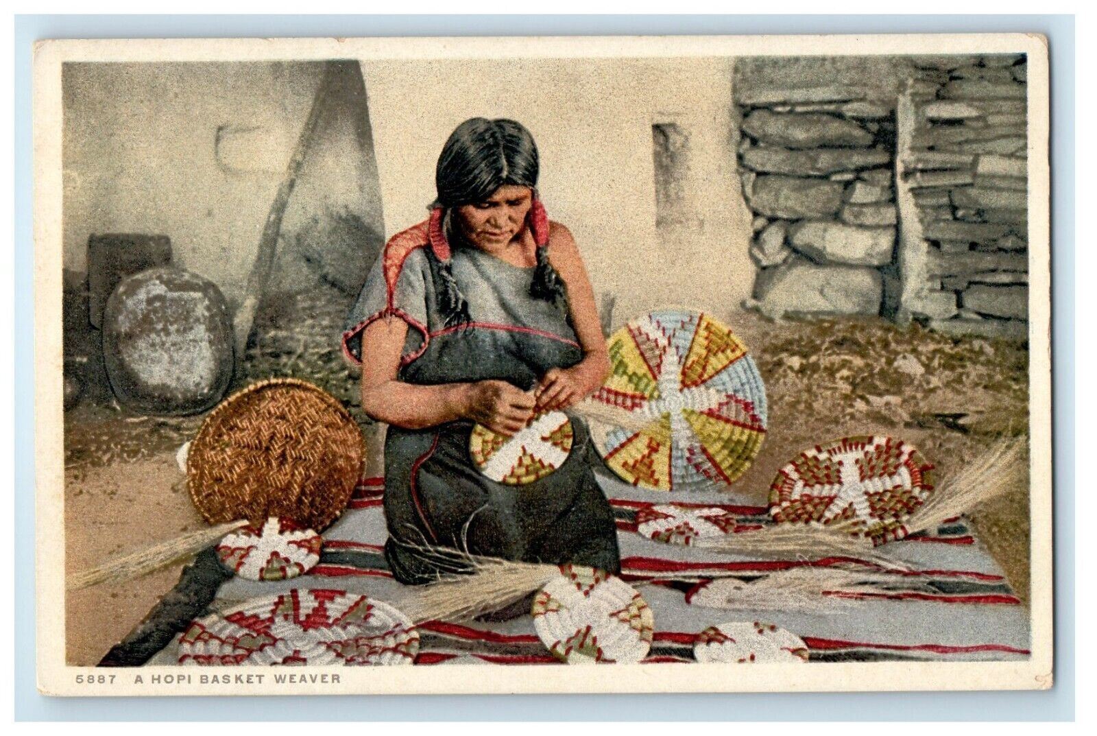 c1910's A Hopi Basket Weaver Phostint Unposted Antique Postcard