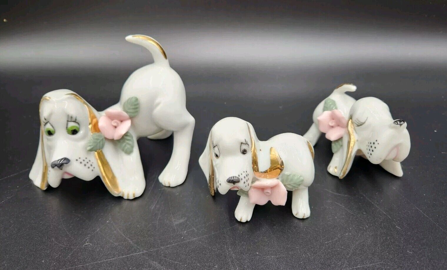 Vintage Chase Hand Painted Japan 3 Ceramic Hound Dogs Gold Trim Pink Flowers