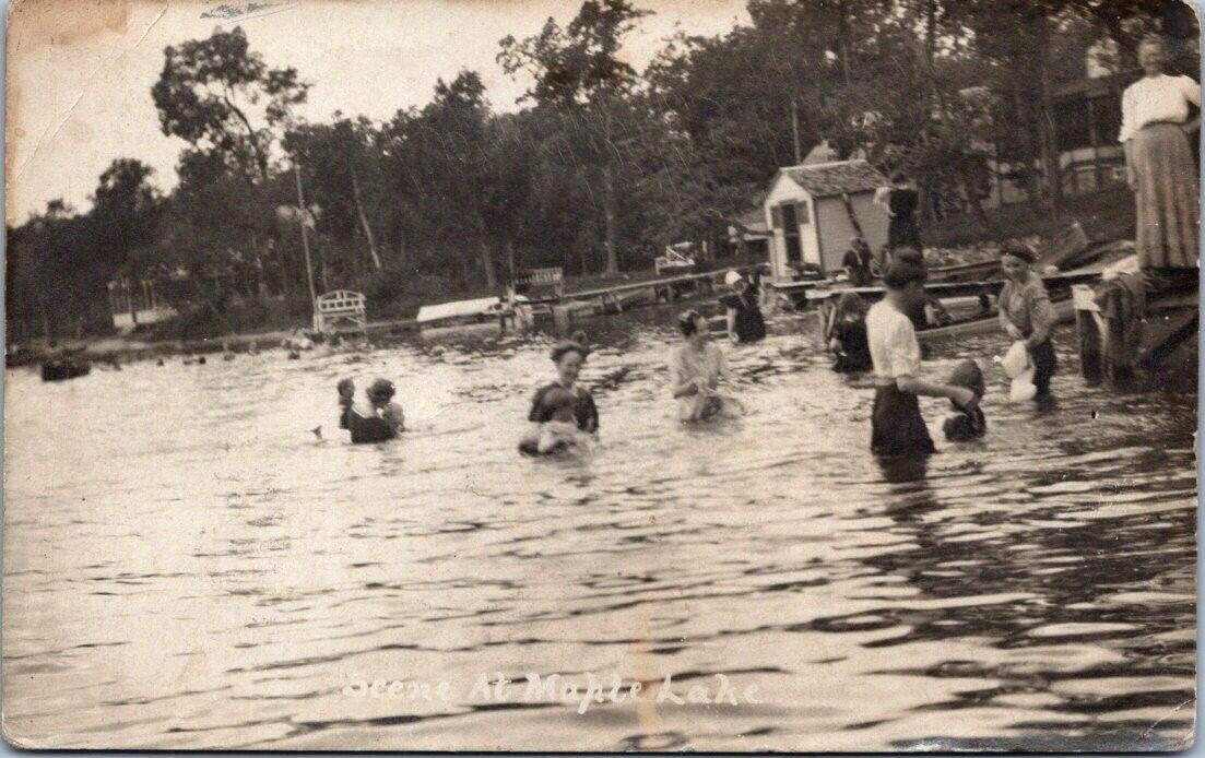 RPPC Maple Lake Minnesota 1909 Women Children Clothing Swimming Cottages Boats