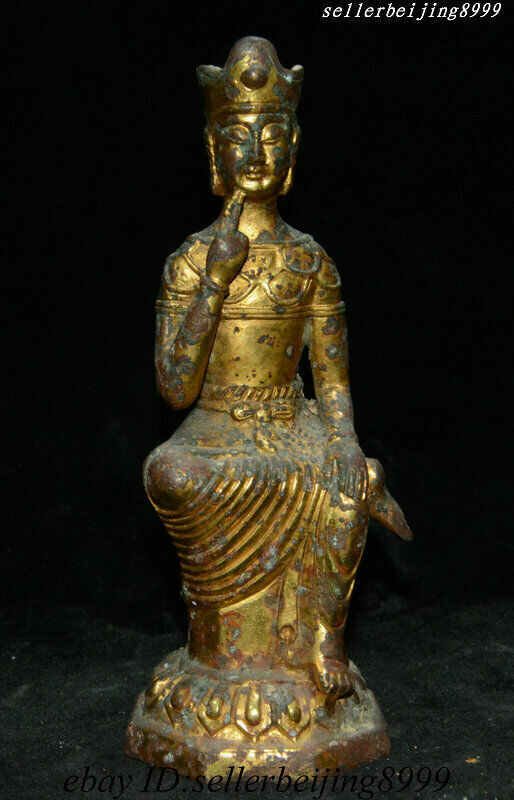 Folk Small China Tibet Buddhism Bronze 24k Gold Gilt Maitreya Bodhisattva Statue