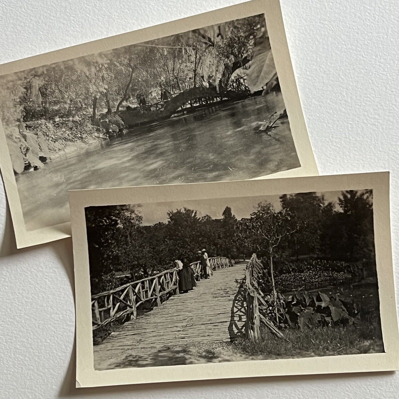 Antique B&W Snapshot Photograph Women On Bridge Nature Peaceful Beauty