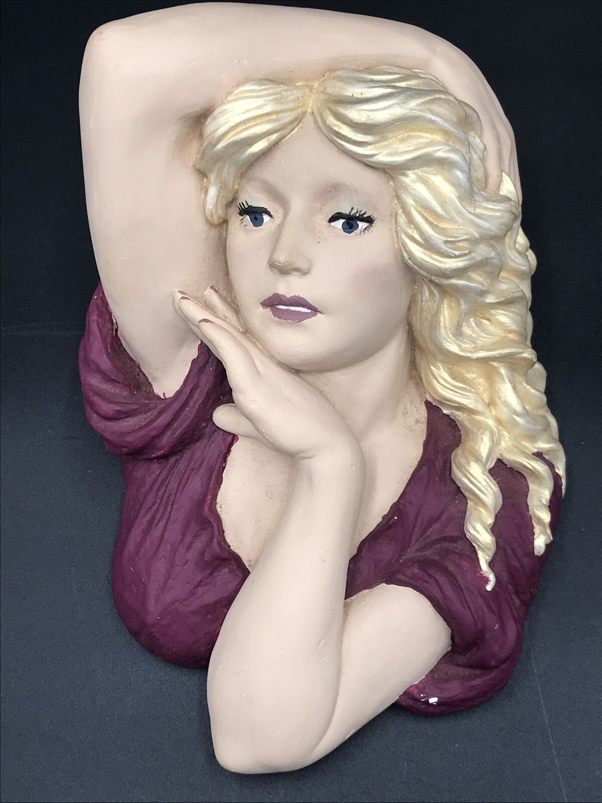 Vintage Chalkware Bust of a Young Woman Long Blonde Hair Posing. Stunning.  7.5”