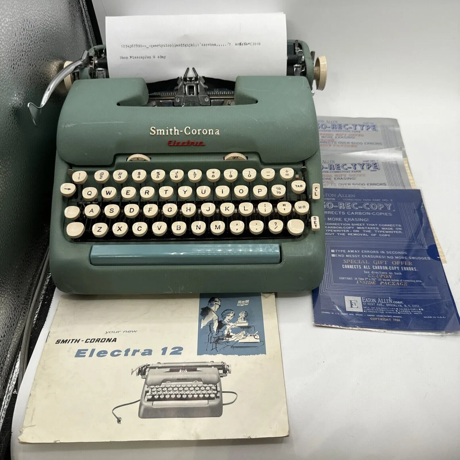 RARE Working Antique Smith Corona Electric 1 Teal Typewriter With Case & Manual