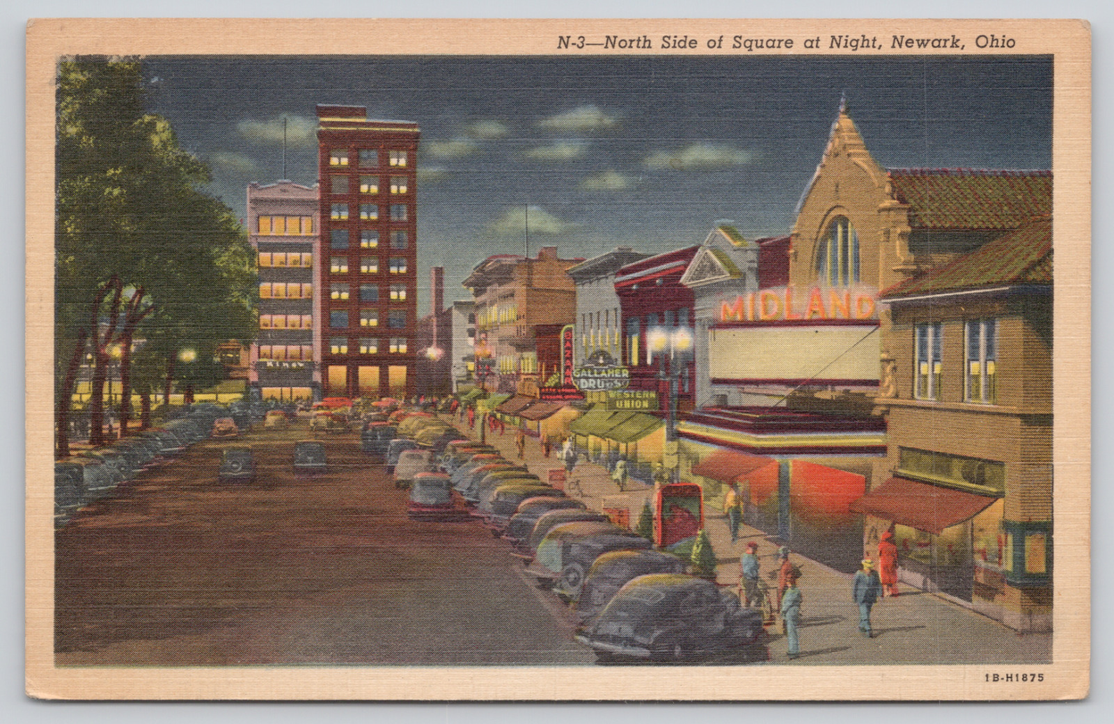 Postcard Newark, Ohio, North Side Of Square At Night, Classic Cars, Linen A1026