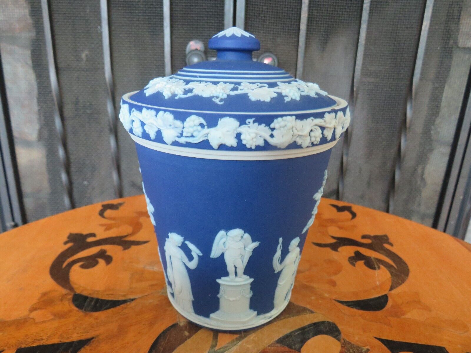Wedgwood Blue Jasperware Sacrifice Figures Preserve Pot Marmalade Jar (c.1920s)