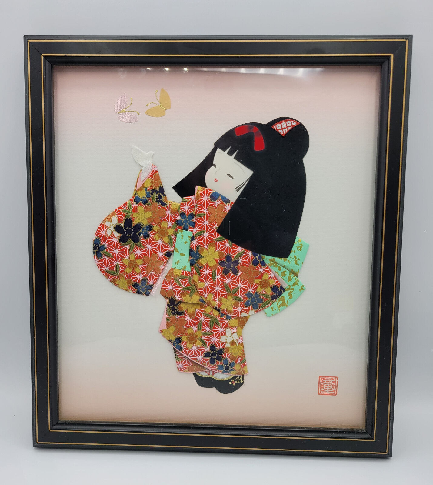 Japanese  3D Fabrick Art Oshie Silk Picture Geisha Young Girl Framed