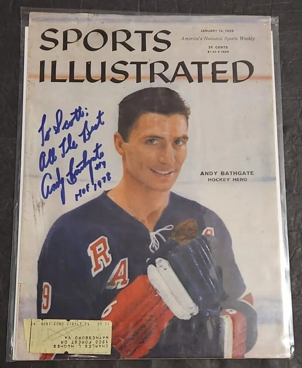 ANDY BATHGATE SIGNED 1/12/1959 SPORTS ILLUSTRATED RANGERS INSCRIBED COVER ONLY