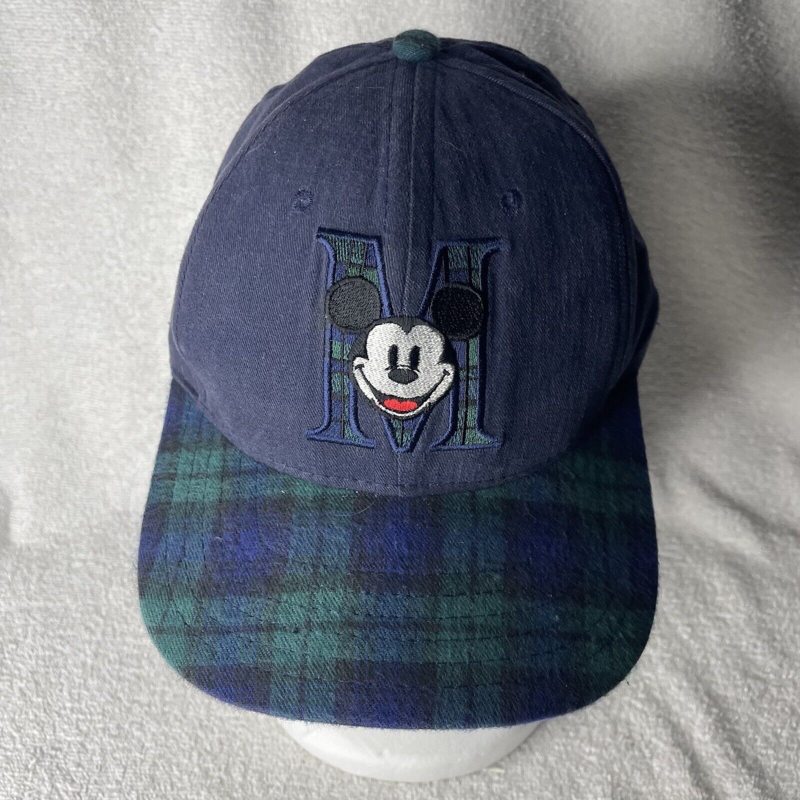 Vintage The Disney Store Mickey Mouse Blue Plaid Advertising  Strapback Hat