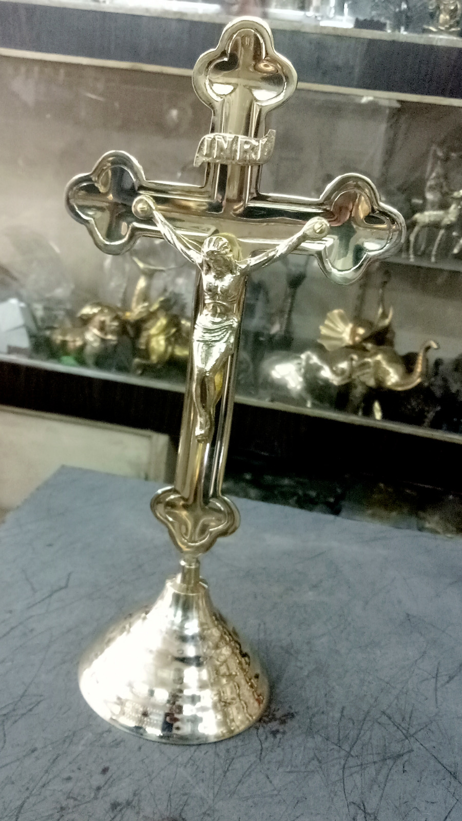 Bronze Altar Cross Jesus Christ Crucifix - 19th.c Church Antique 12''