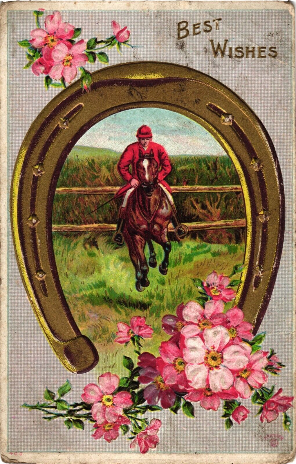 Lucky Horseshoe Flowers & Equestrian Embossed Postcard