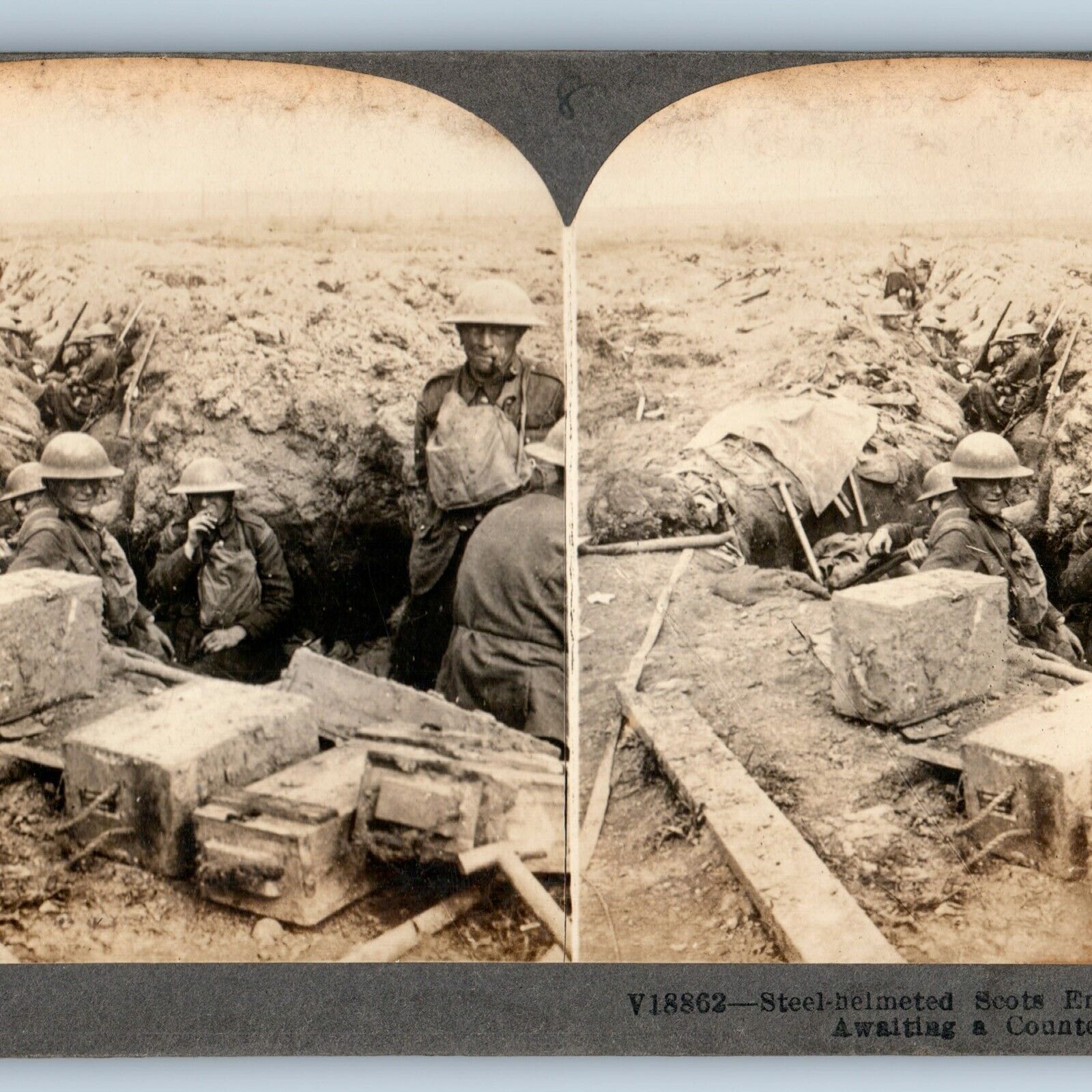 c1910s WWI Scottish Happy Men in Trench Smoking War Real Photo Stereo Card V18