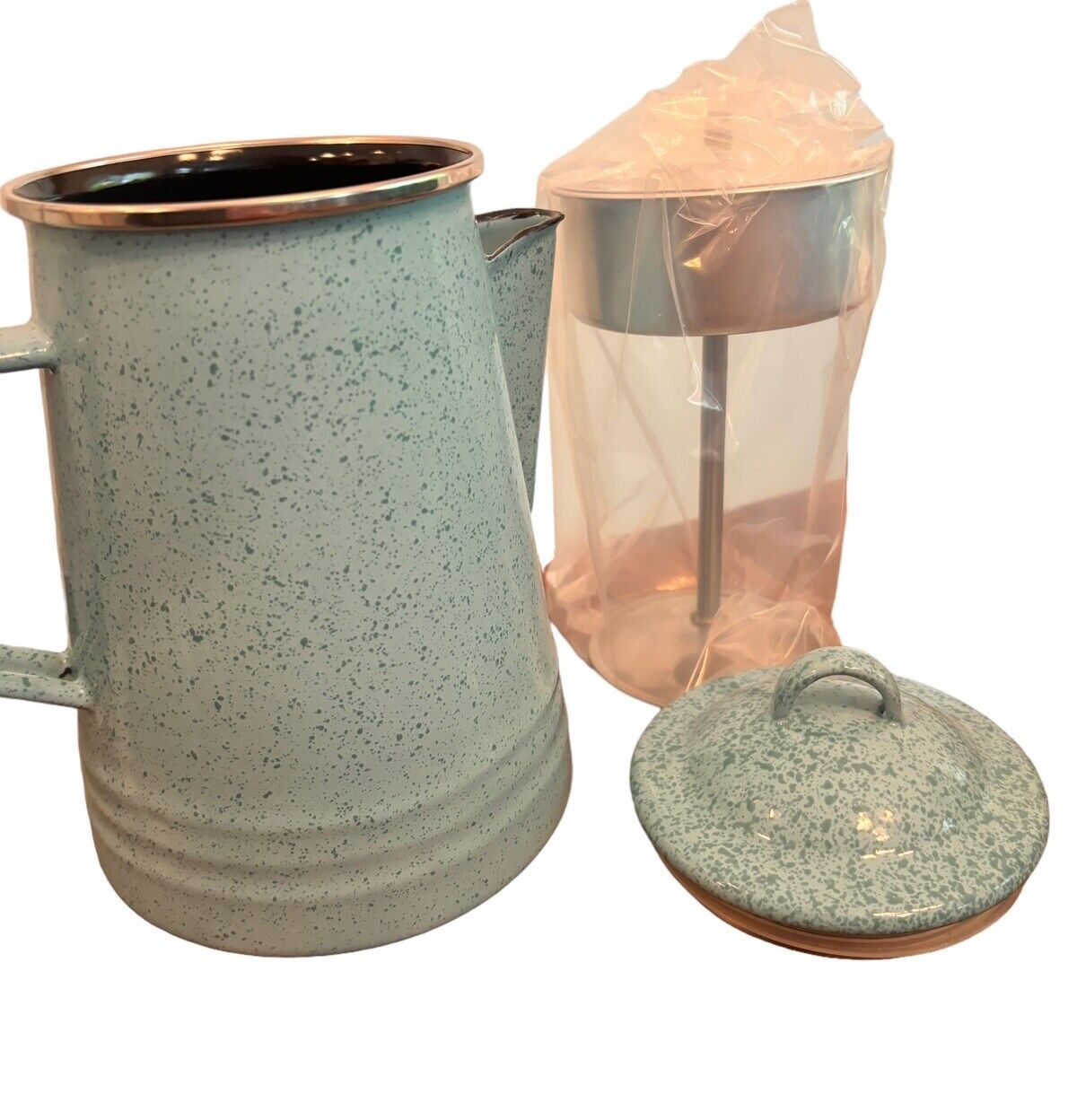 NWOB Paula Deen Porcelain Enamel / Steel 8-Cup Stovetop Percolator Blue Speckled
