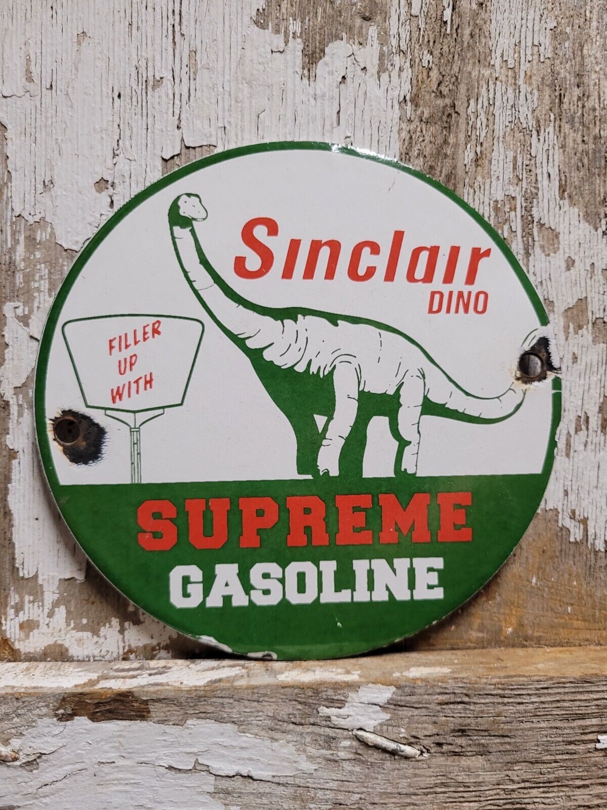 VINTAGE SINCLAIR PORCELAIN SIGN DINO SUPREME GASOLINE MOTOR OIL SALES SERVICE 6