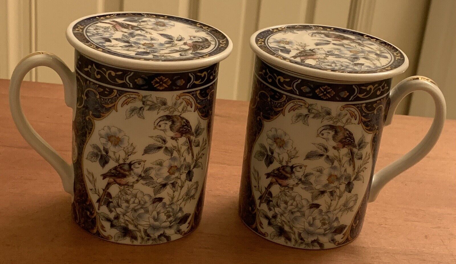 2 Vintage Japanese Oriental Tea Cups/Mugs With Strainer & Lids Birds & Floral