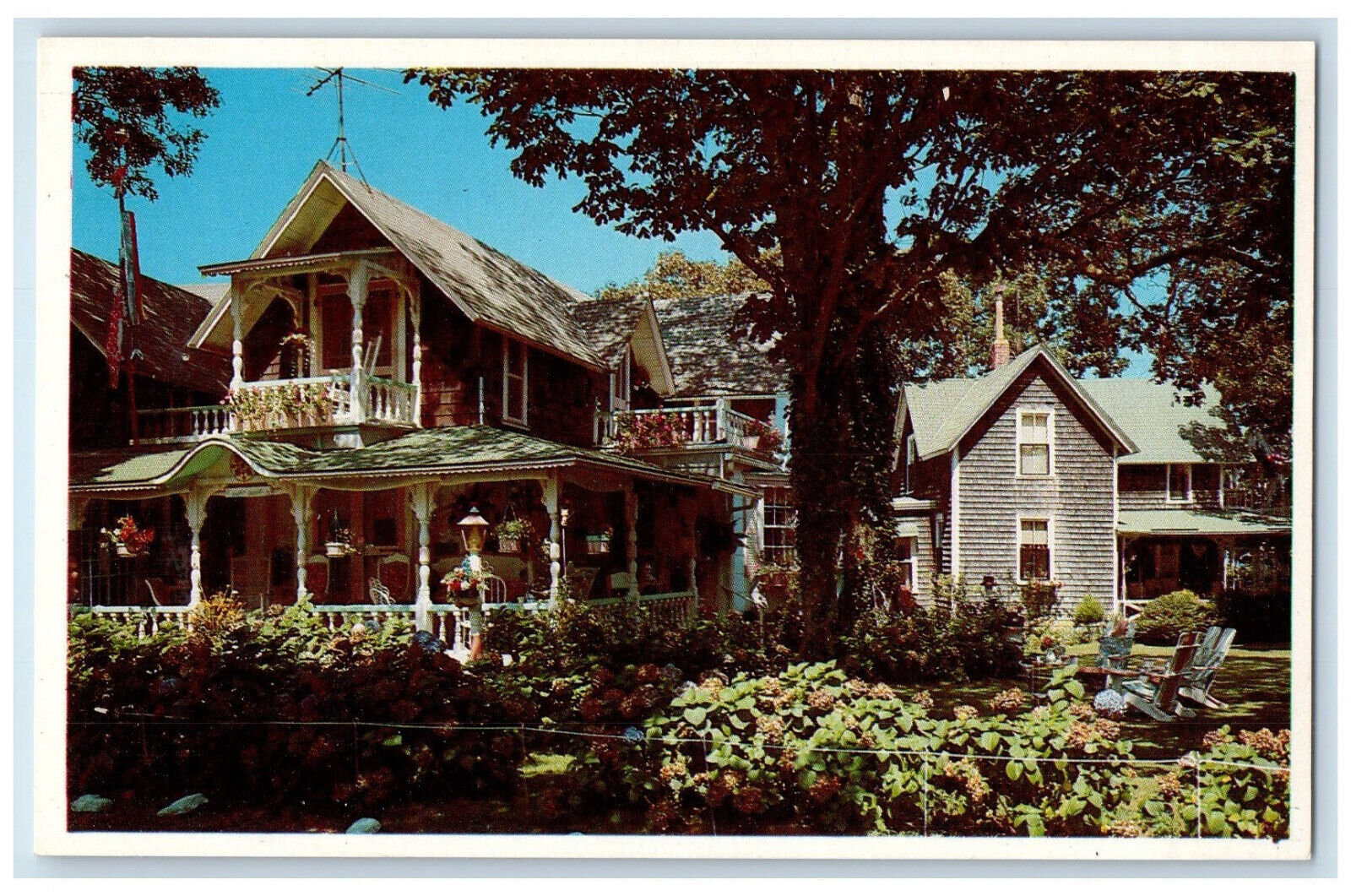 c1960's Flower Beds Hanging Pots Picturesque Charm Oak Bluffs MA Postcard