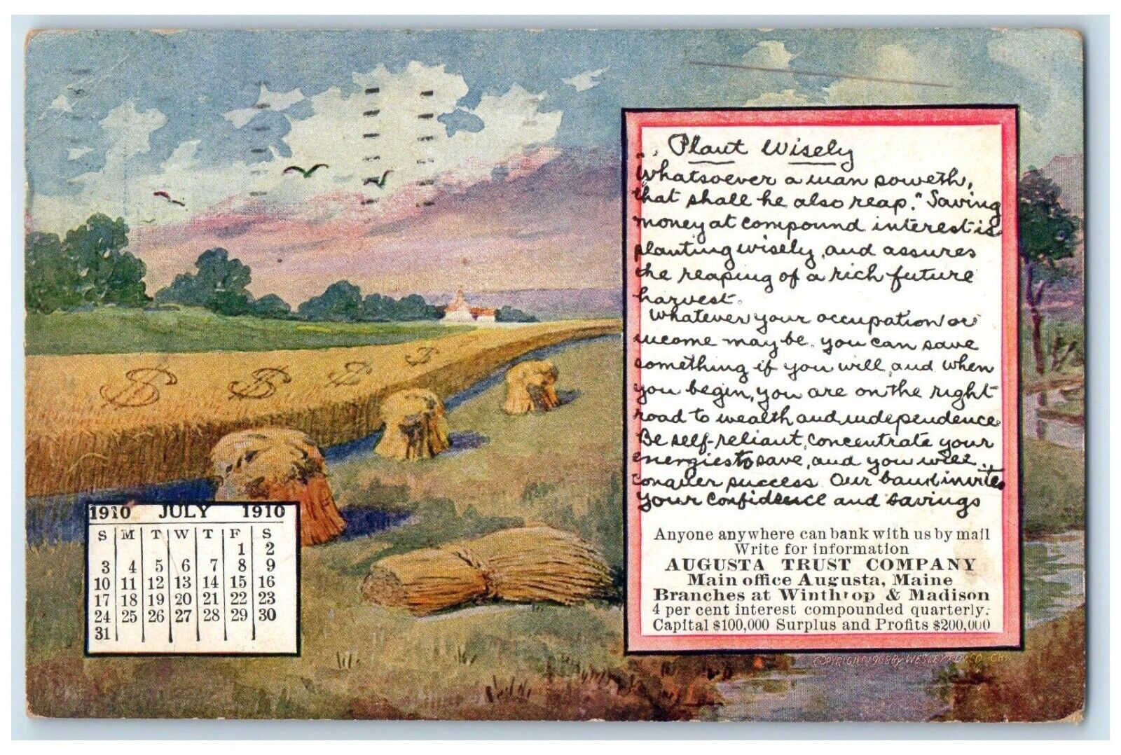 1910 July Calendar Augusta Trust Company Maine Office Maine ME Vintage Postcard