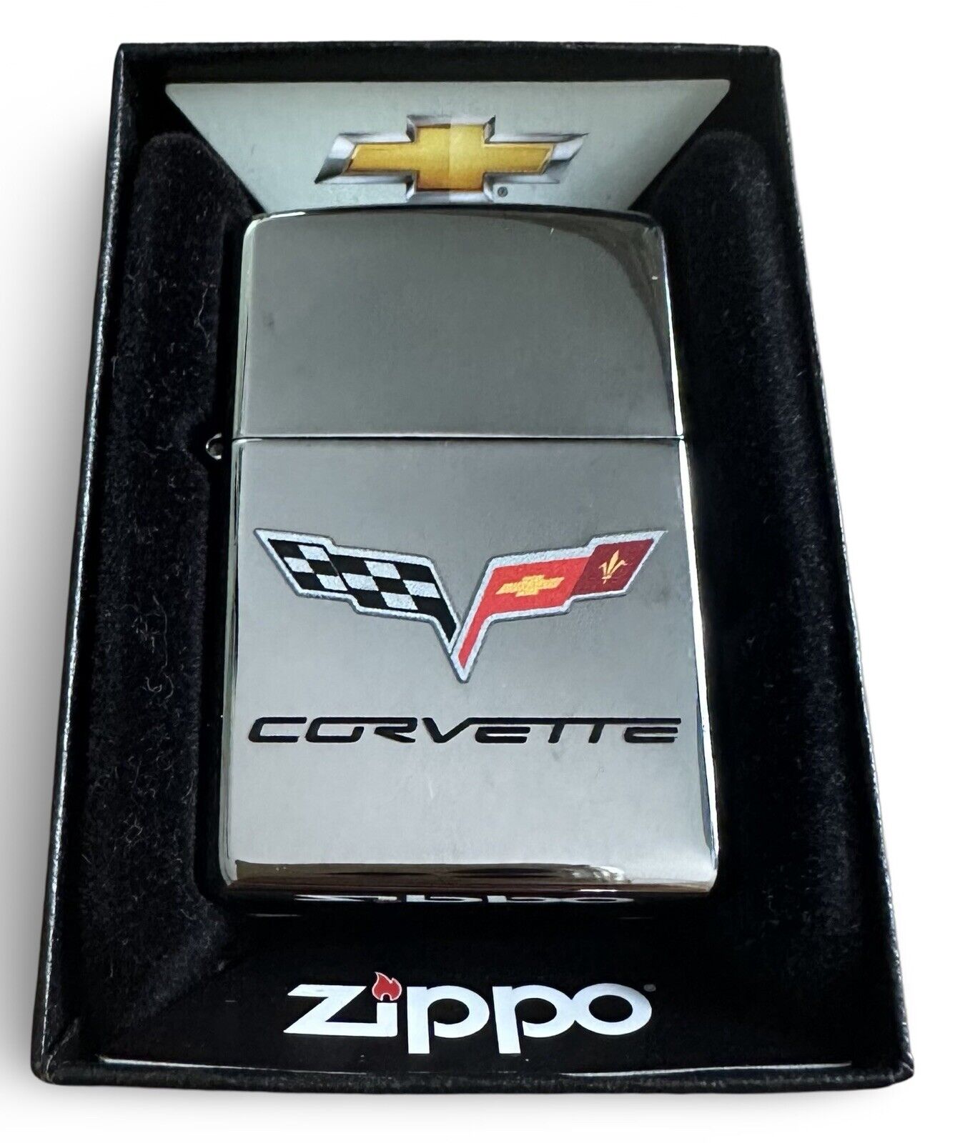 ZIPPO CORVETTE RACING FLAGS Polished CHROME LIGHTER GM History New Z06 Chevy