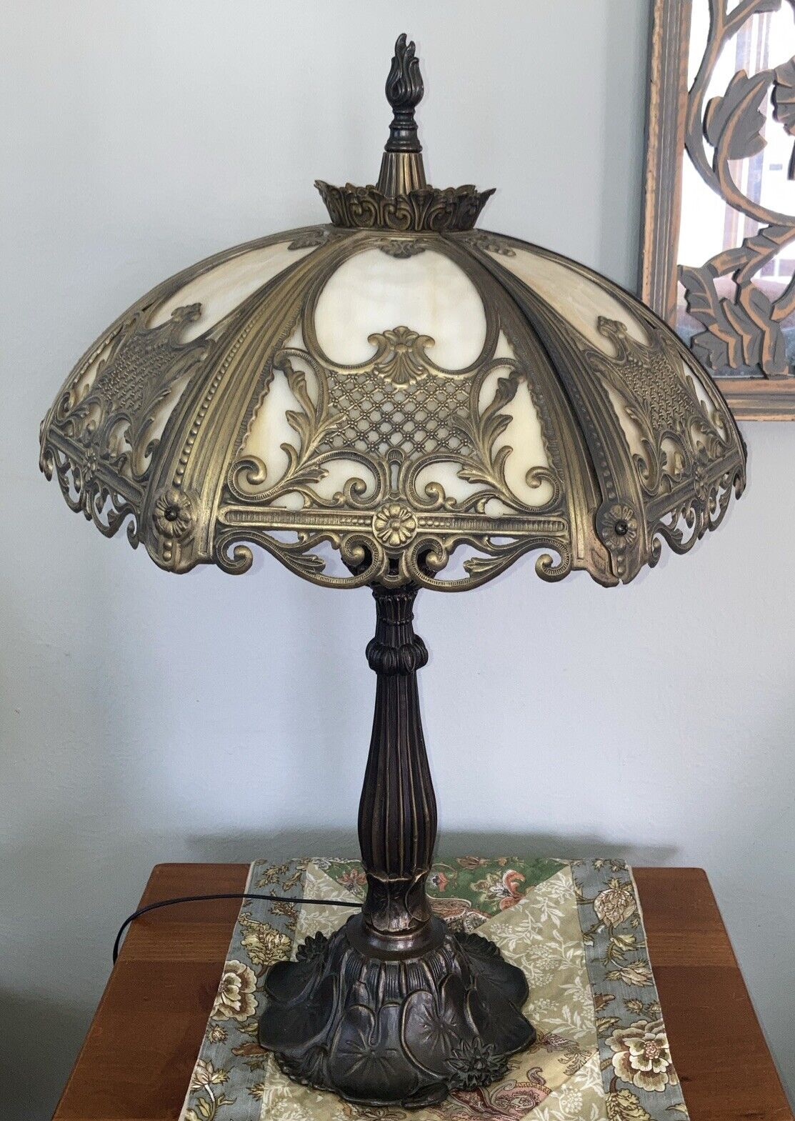 Vintage Slag Glass Panel Table Lamp Art Nouveau Baroque EUC